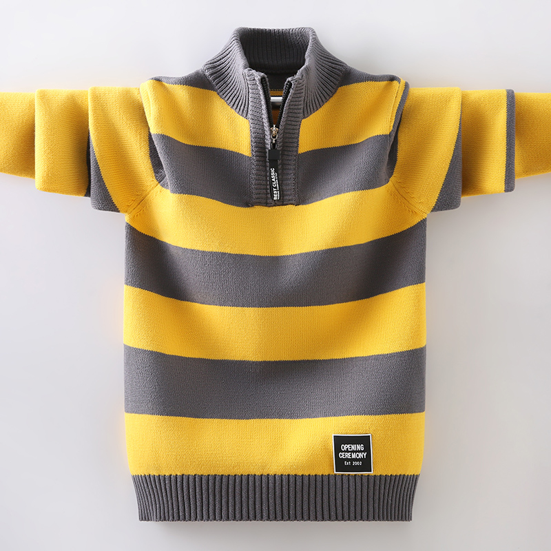 男童毛衣加绒加厚秋冬季2020新款中大童针织衫条纹立领儿童毛线衣