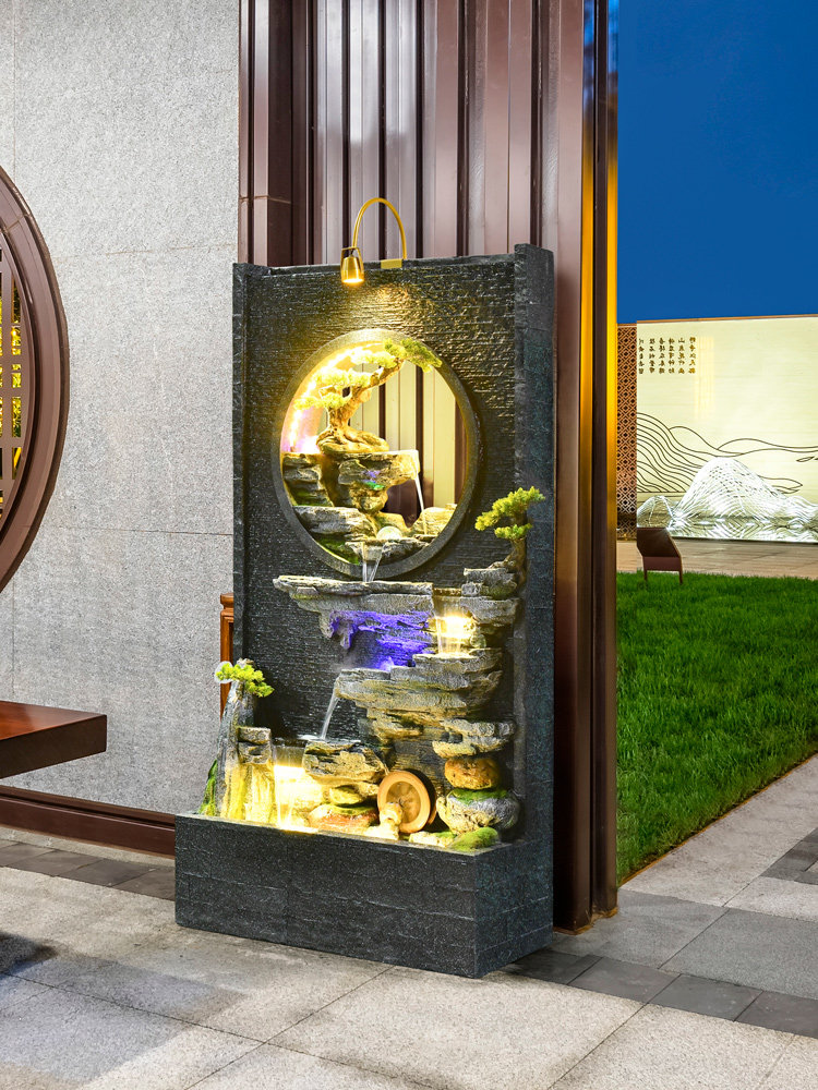 流水瀑布假山山石景观水幕幕墙背景墙造景玄关摆件