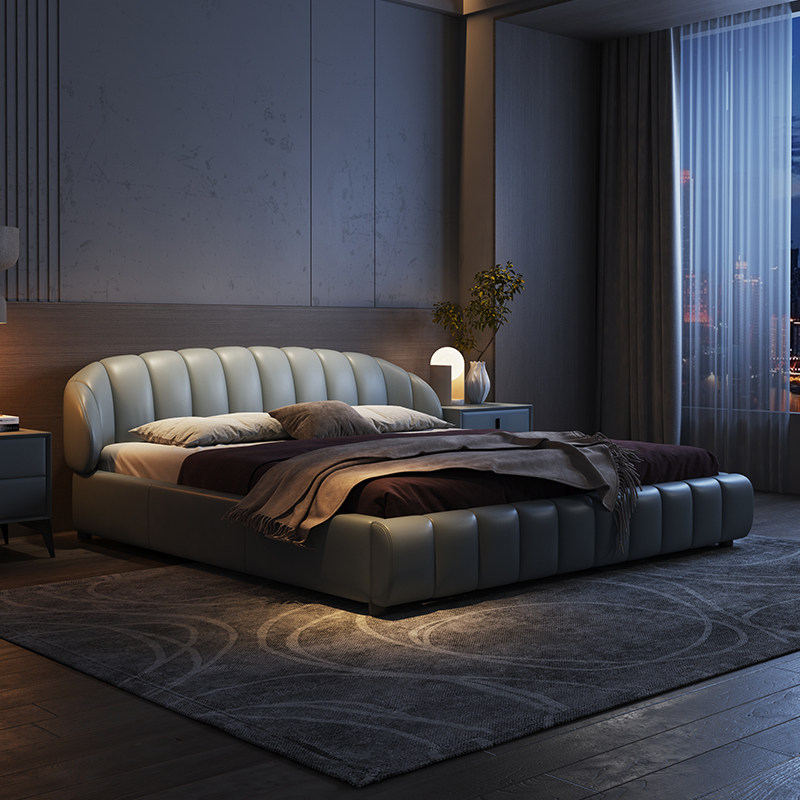 意式极简现代简约主卧卧室真皮床_亿娅家具旗舰店
