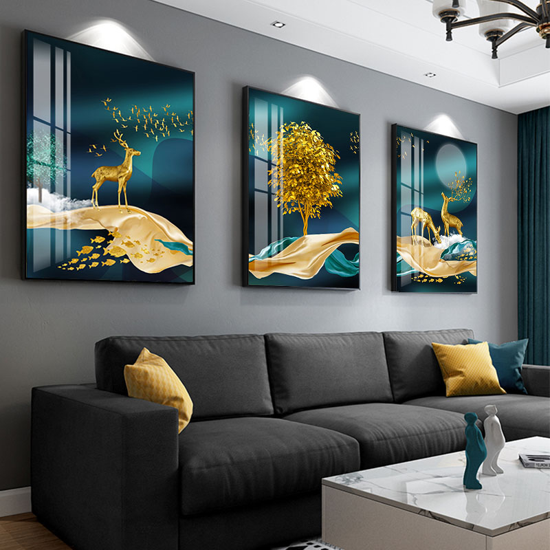 客厅装饰画沙发背景墙三联画现代简约大气晶瓷画墙画壁画轻奢挂画