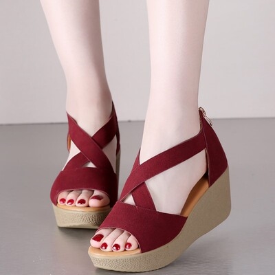 坡跟女凉鞋 包跟9新款松糕底坡跟高跟女式韩版时尚防水台鱼嘴高