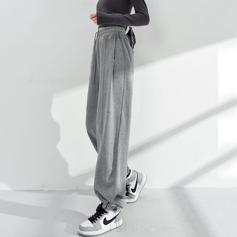 灰色运动春秋款女美式束脚卫裤小个子宽松阔腿裤子大码显瘦休闲裤