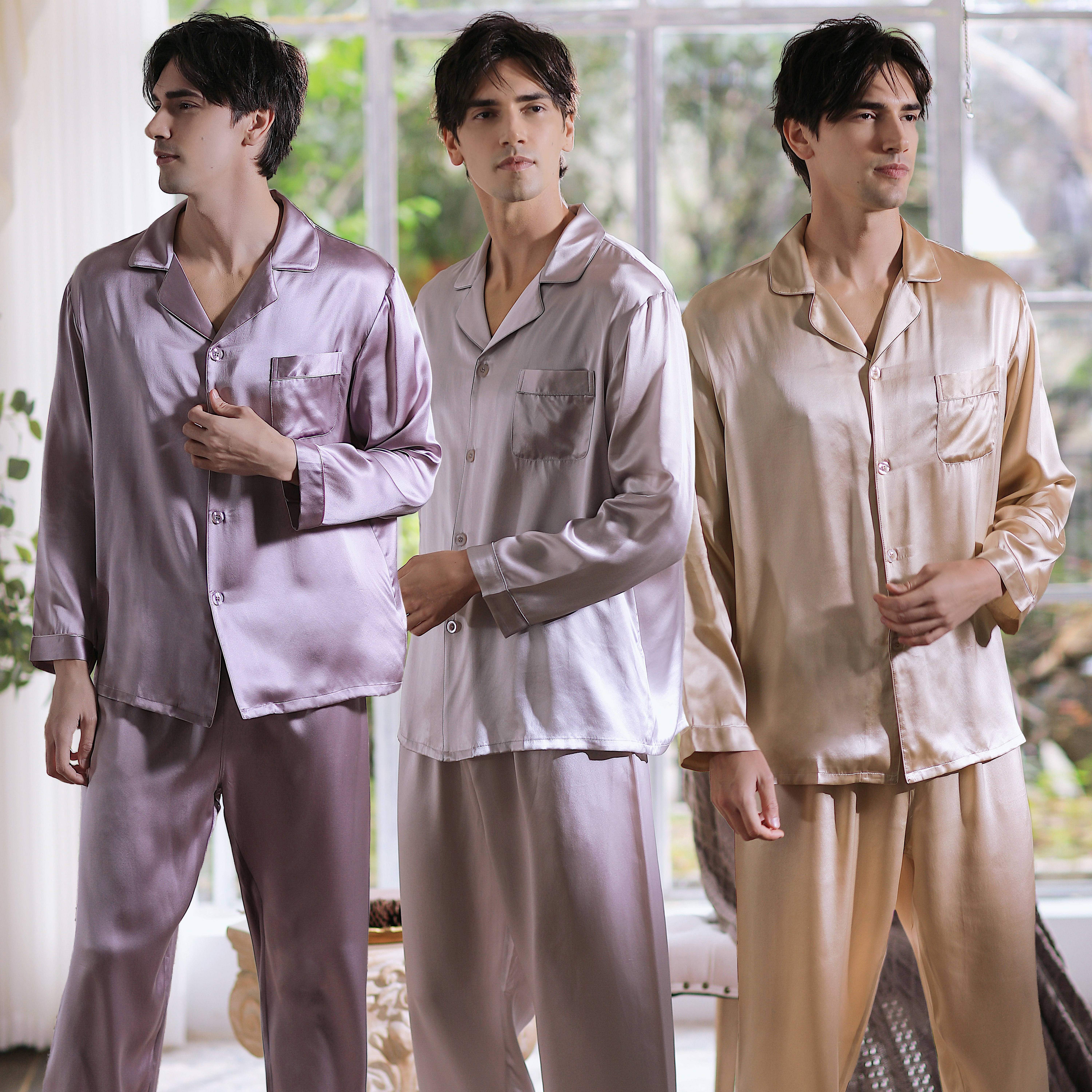 蕾恰男士睡衣春秋季开衫真丝薄款家居服长袖青年重磅桑蚕丝套装秋