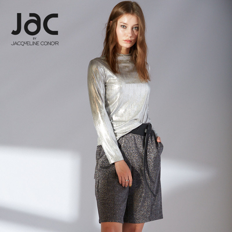 jac女装秋季新款银色宽松亮面长袖百搭t恤纯色简约上衣nq13182