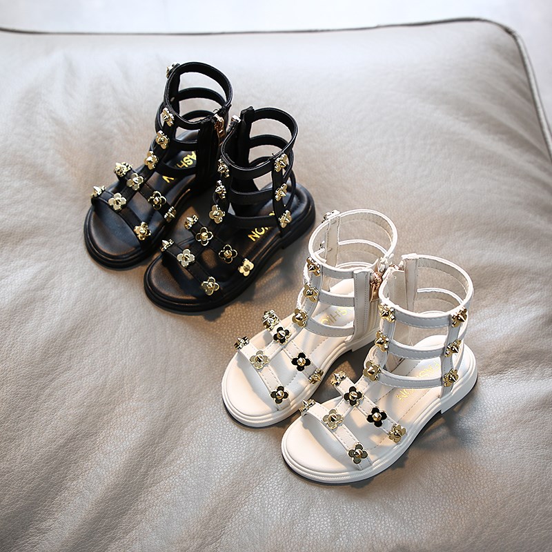2020夏季新款女童凉鞋韩版高帮长筒罗马鞋时尚铆钉侧拉链沙滩鞋潮