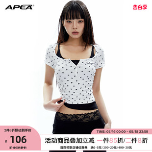 APEA夏季蝴蝶结少女半开纽扣短袖T恤设计感叠穿两件套吊带上衣女