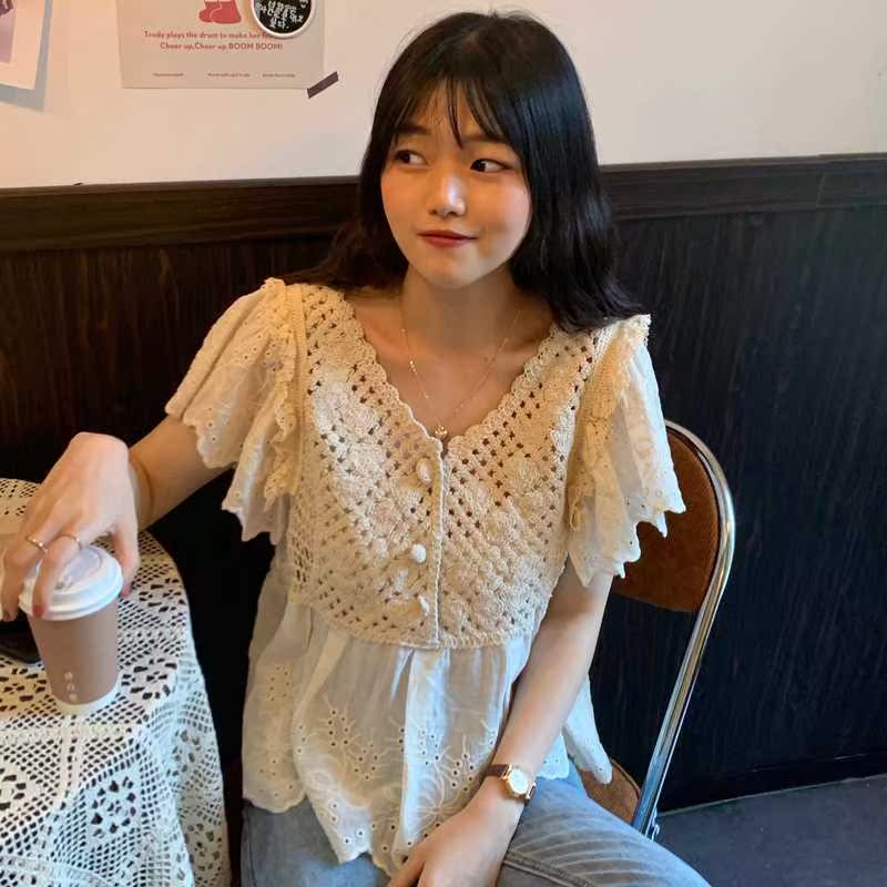 夏季2020新款甜美重工镂空V领拼接很仙的宽松短袖蕾丝衫上衣女装|ruв категории Женская одежда, кружева свитер/шифон рубашка - от Buy2taobao.com для оказания профессиональной услуги покупки агента Taobao