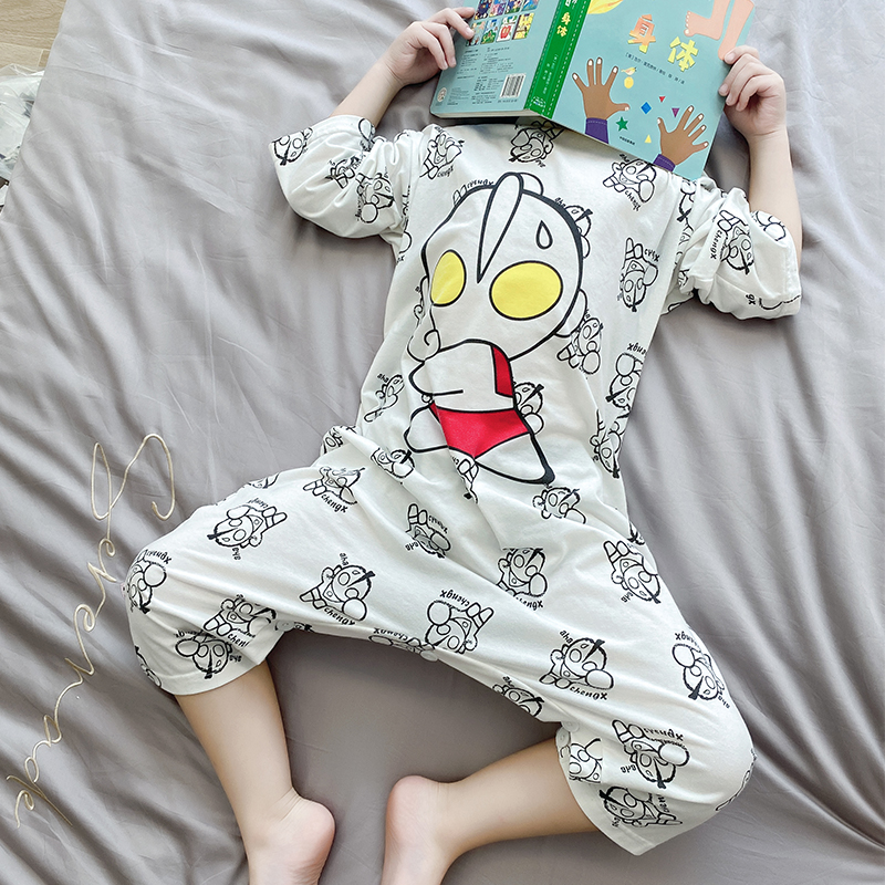 儿童连体睡衣男孩春秋季纯棉奥特曼男童家居服宝宝防踢睡袋护肚夏