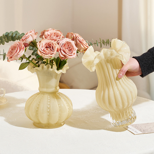法式奶油风中古芬顿花瓶摆件客厅水养插花高级感玻璃创意简约琉璃