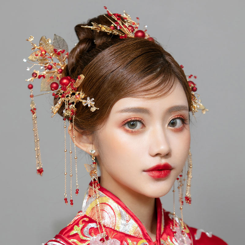 元语头饰新娘红色禾服新娘头饰流苏发簪古风简约饰品秀禾中式凤冠