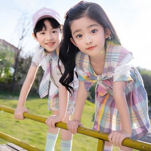 幼儿园园服白色纯棉红色春夏季短裙四件套一年级短袖运动套装夏秋