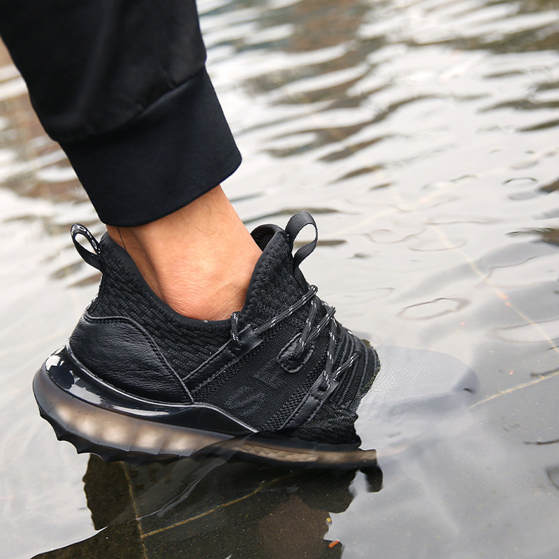 2021年新款夏季运动气垫老爹鞋男户外休闲透气防水纯黑色飞织潮鞋
