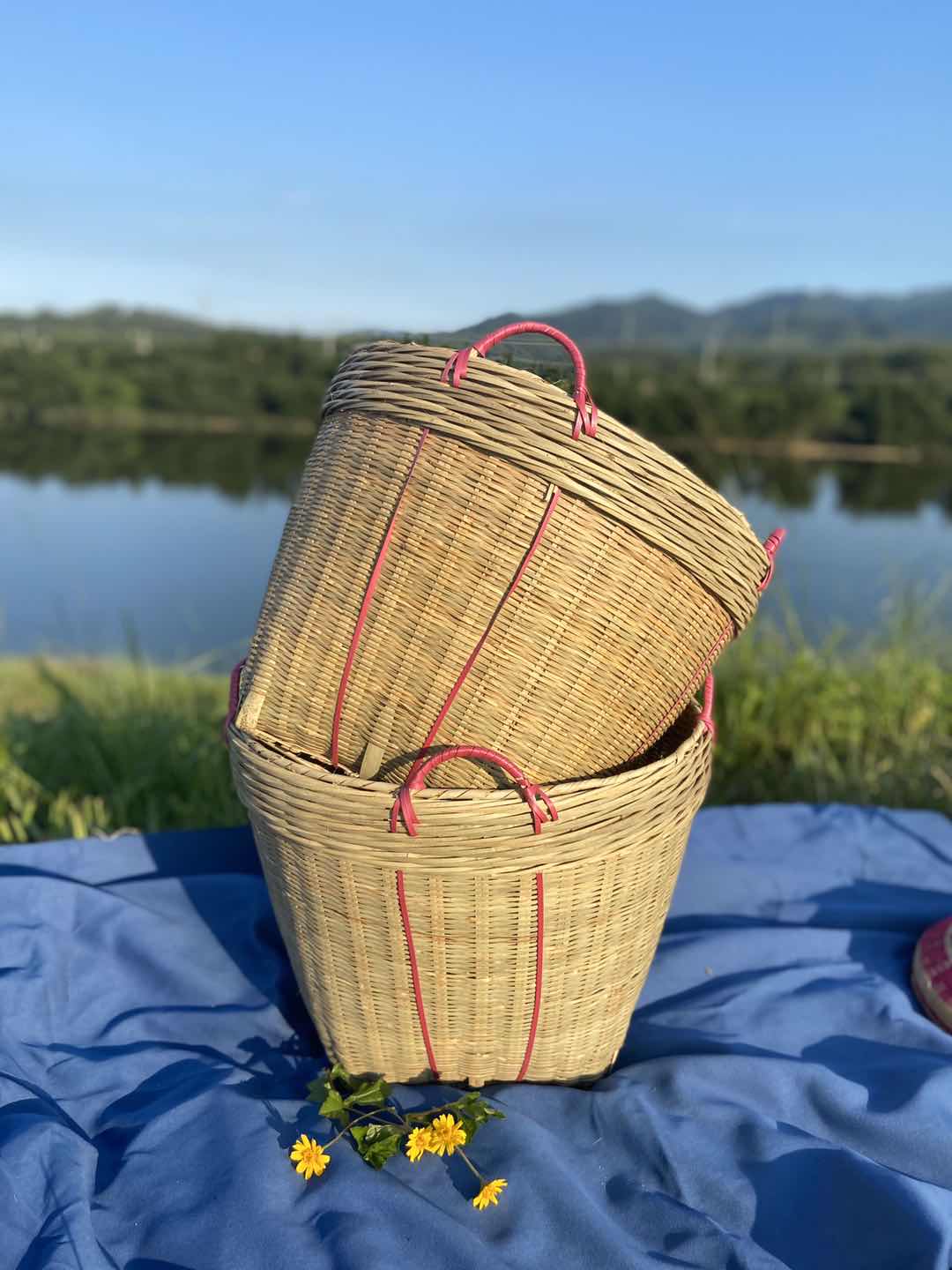 大号箩筐竹编制品簸箕结婚喜庆箩淘米筐j粮食稻谷箩竹篓d手工扁担