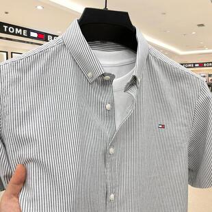 tomy汤米短袖衬衫男夏季2025新款纯棉休闲简约百搭男士条纹寸衫潮