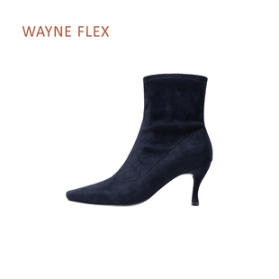 WAYNE FLEX新款中筒靴细跟法式风方头显瘦百搭羊皮单靴气质短靴女