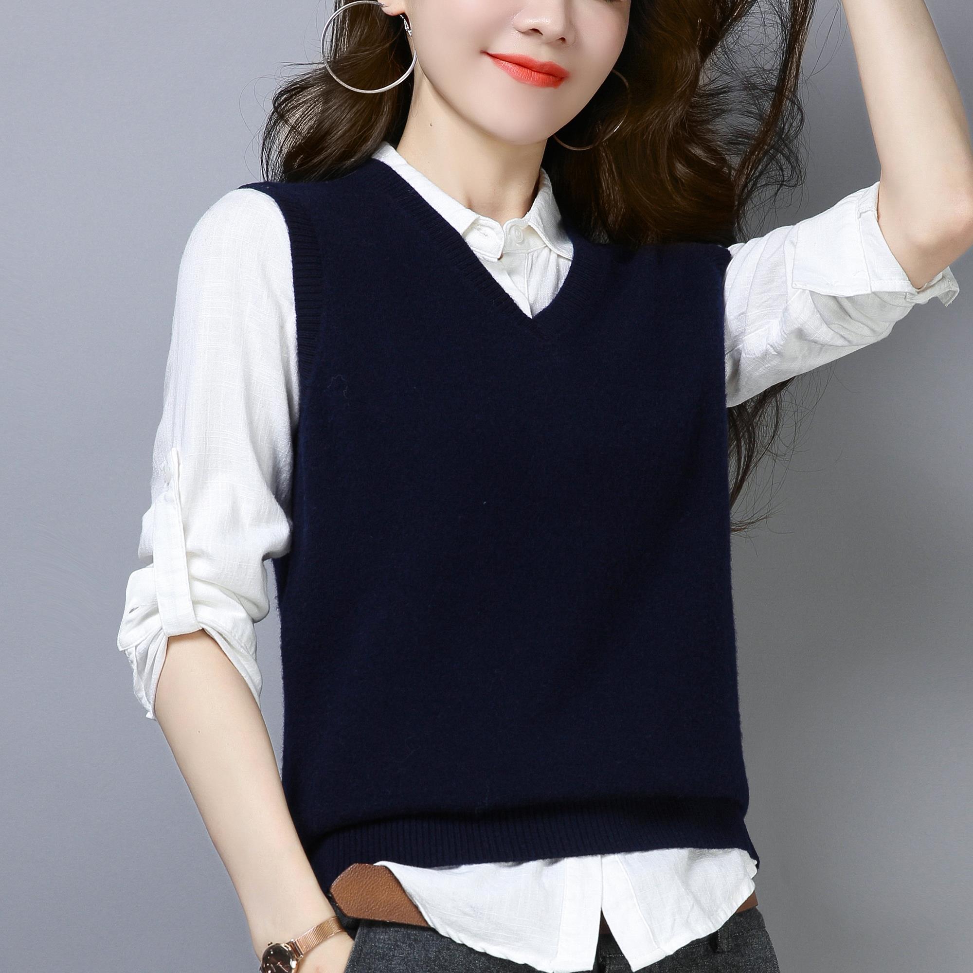 100纯羊毛衫女士v领背心马甲2021年春秋新款鸡心领外穿毛衣坎肩