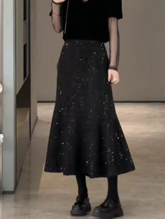 黑色亮片半身裙女春季2024新款加厚高腰修身时尚气质显瘦鱼尾长裙