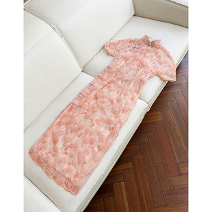 衣阁里拉夏季新品橘粉色钉珠旗袍重工修身礼服连衣裙女通勤高级感