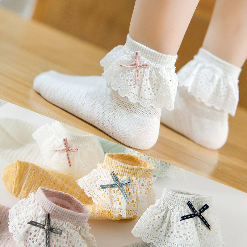 女童袜子春秋夏洋气韩版潮小女孩短袜纯棉宝宝花边袜蕾丝公主白色