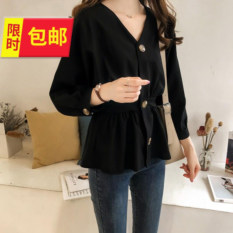 2019春季上衣女韩版宽松时尚长袖修身衬衫单排扣百搭收腰V领衬衣在类目 女装/女士精品, 衬衫中 - 来自Buy2taobao.com提供专业的淘宝代购服务