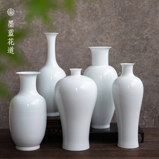 景德镇陶瓷薄胎花瓶白色仿古禅意中式梅瓶客厅书房摆件插花器皿