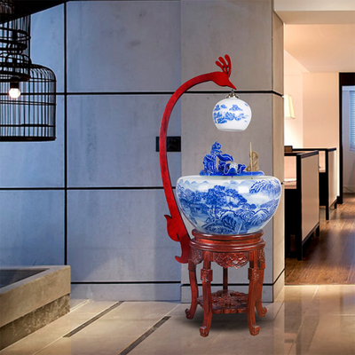 陶瓷柜式青花山水金鱼缸落地流水缸瓷缸家用玄关客厅景德镇养鱼盆