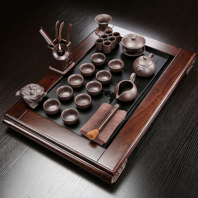 黑檀花梨实木家用 乌金石茶盘泡茶茶台 紫砂功夫茶具套装整套茶海