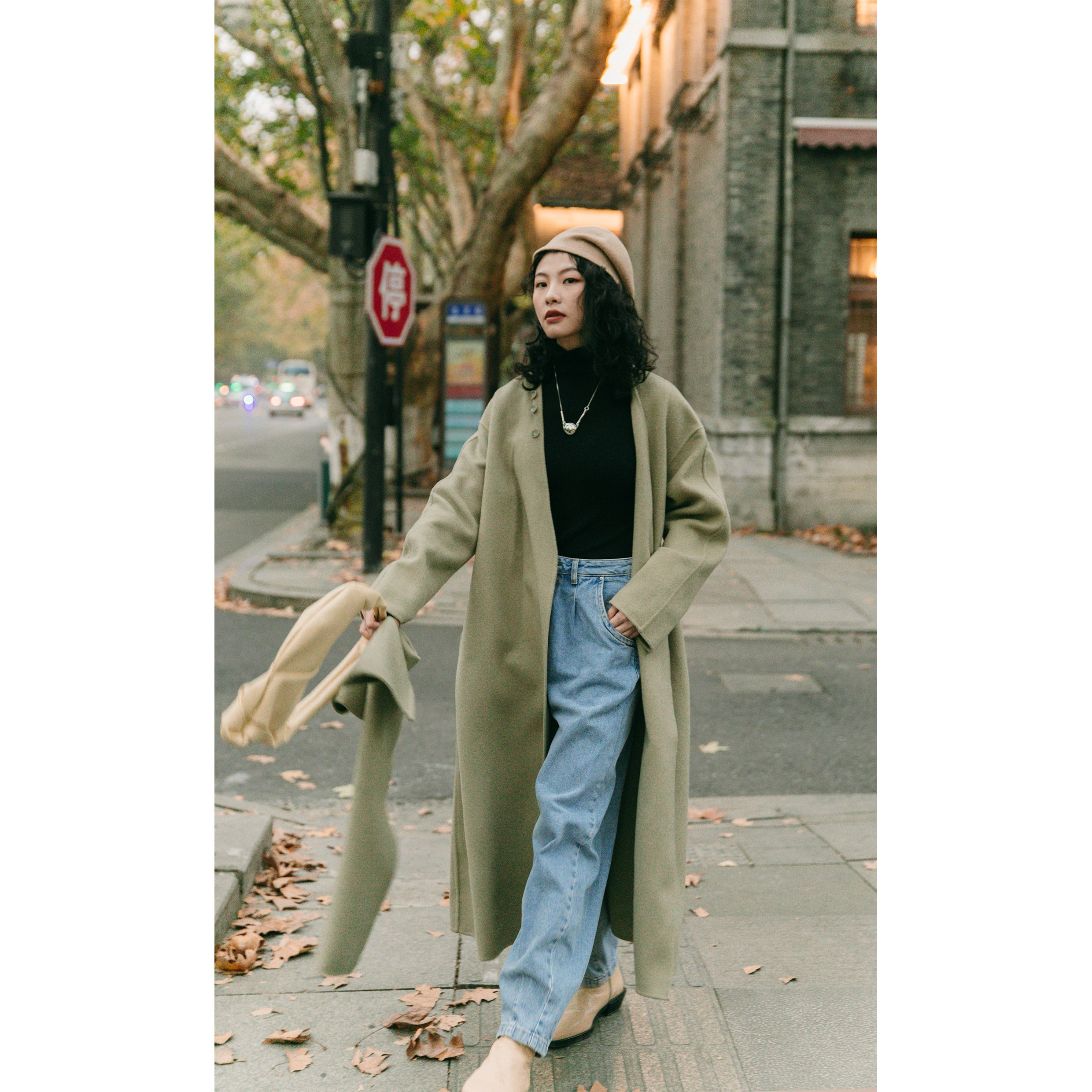 palebluedot蓝点·豆绿色纯羊毛手工双面呢廓形气质气场长款大衣