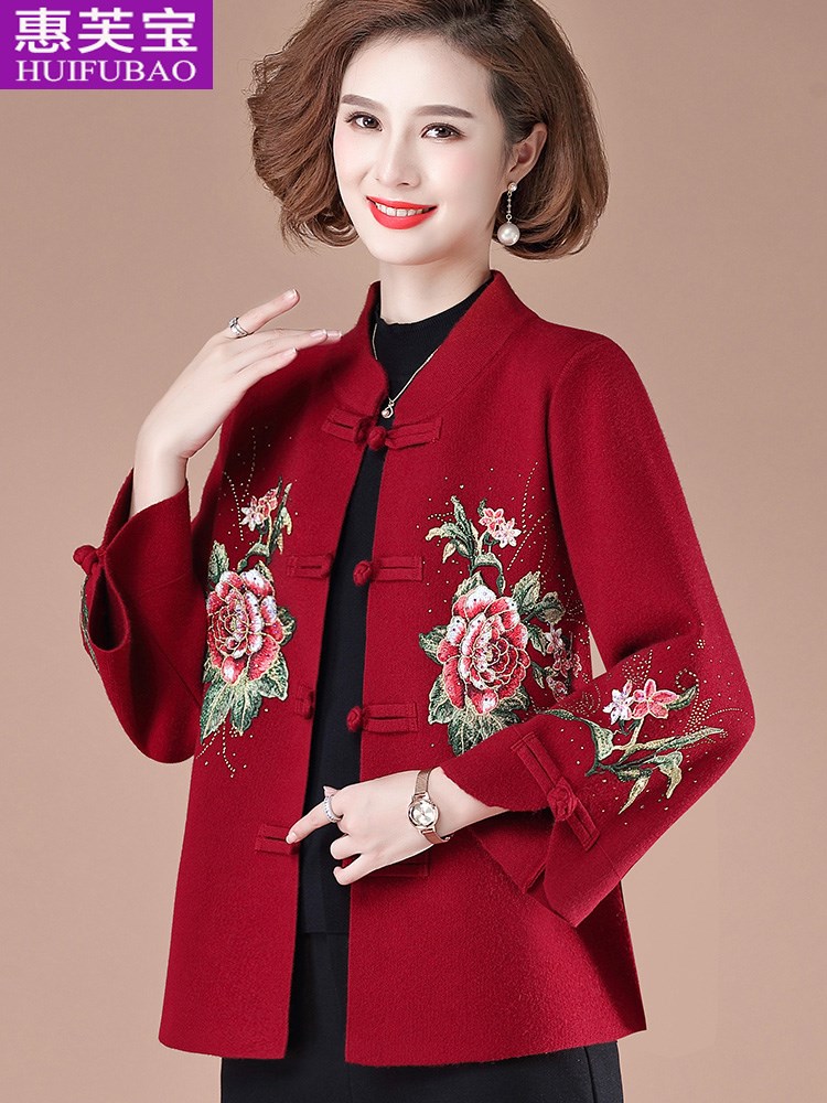 中老年女秋冬装红色婚礼服上衣中年妇女刺绣开衫妈妈春装洋气外套
