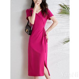 玫红色2023新款连衣裙长款女夏季系带收腰显瘦气质v领高级感裙子