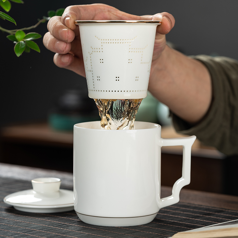 羊脂玉白瓷茶杯个人办公茶水分离杯有盖茶隔水杯商用会议泡茶杯