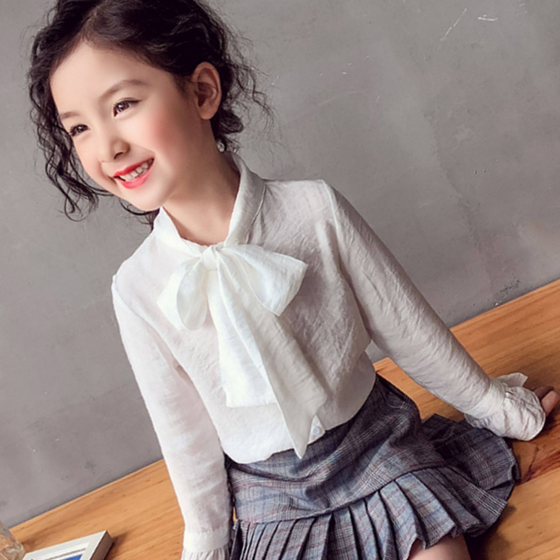 女童衬衣春秋新款韩版小女孩洋气蝴蝶结娃娃衫上衣中大童白色衬衫