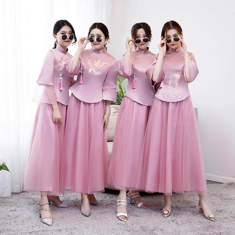 中式伴娘服2019新款秋季姐妹团礼服裙汉服中国风复古旗袍女冬季