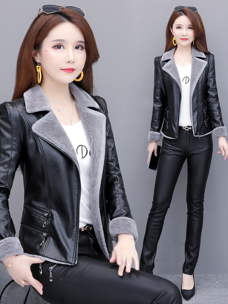 一折女皮夹克冬款 皮毛一体_皮上衣女加绒加厚2019新款秋冬款修身短款