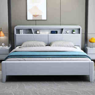北欧白色实木床1.8米双人床带夜灯现代简约1.5米经济型高箱储物床