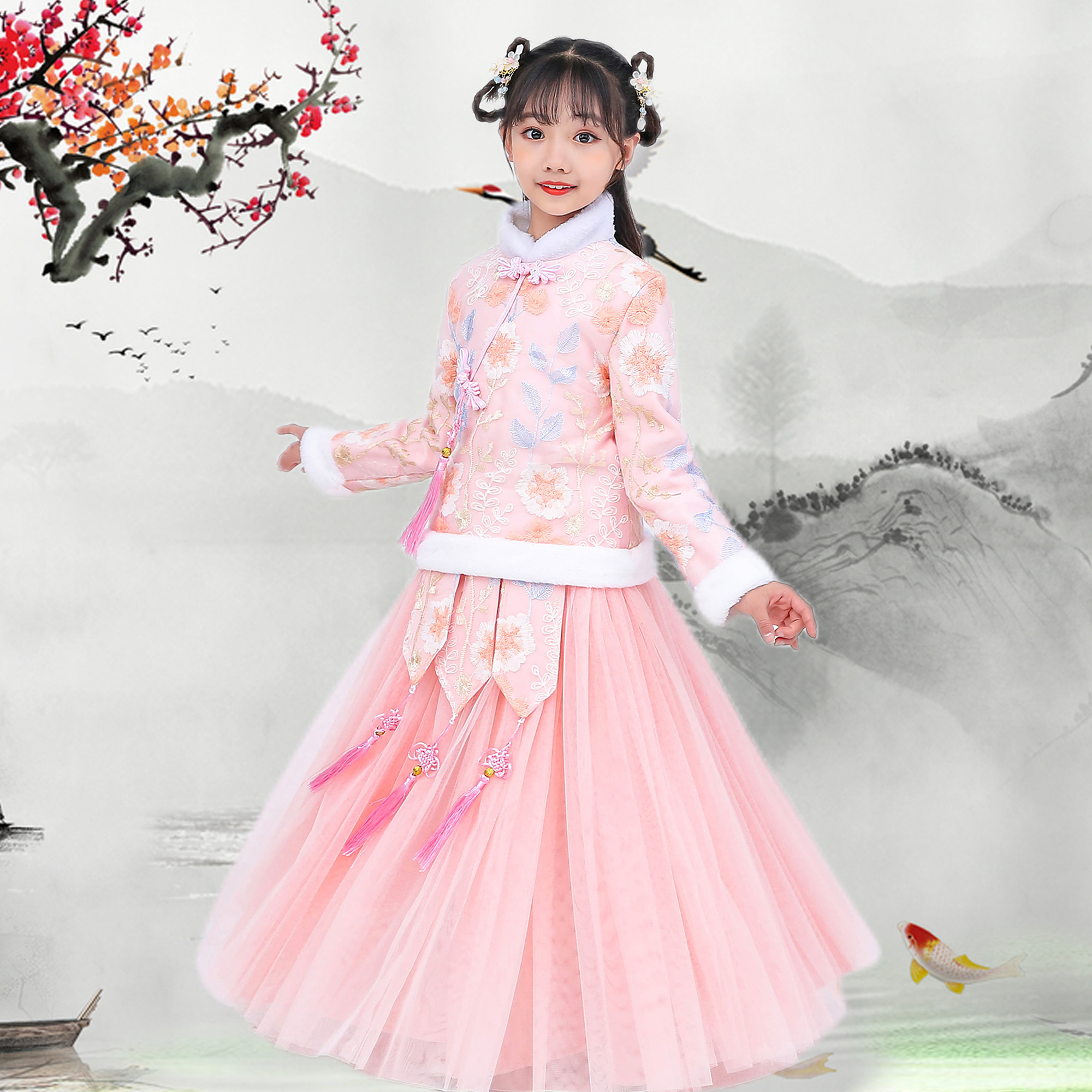 儿童加绒加厚冬款汉服女童拜年服古装喜庆唐装公主裙宝宝新年礼物