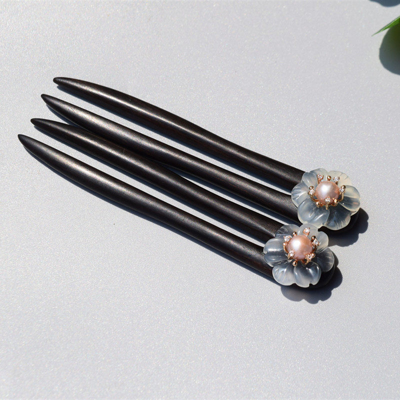 黑檀木古风u型岫玉珍珠发簪钗简约现代发叉盘发双面日常小巧簪子