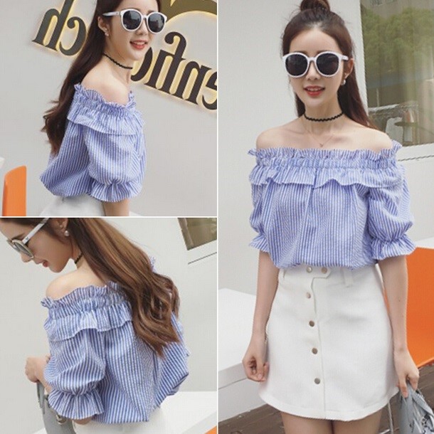 shirt Women's wear spring and autumn Word collar stripe shirt Korean Fan strapless Baby unlined upper garment Easy Cotton and hemp jacketin the Women's clothing/Boutique , Shirt category - from Buy2taobao.com to provide professional Taobao agent buy service