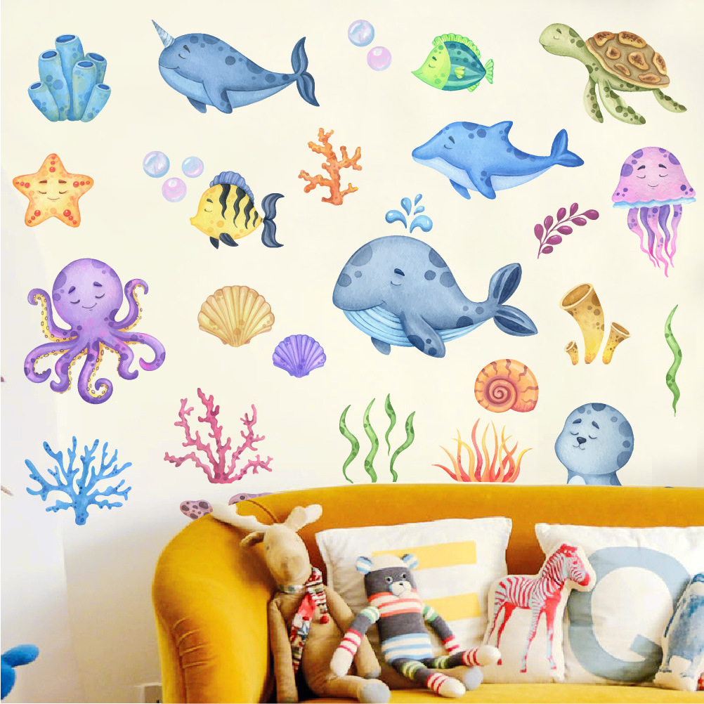 卡通海底世界鲸鱼珊瑚水草儿童房浴室家居墙面装饰墙贴自粘可移除