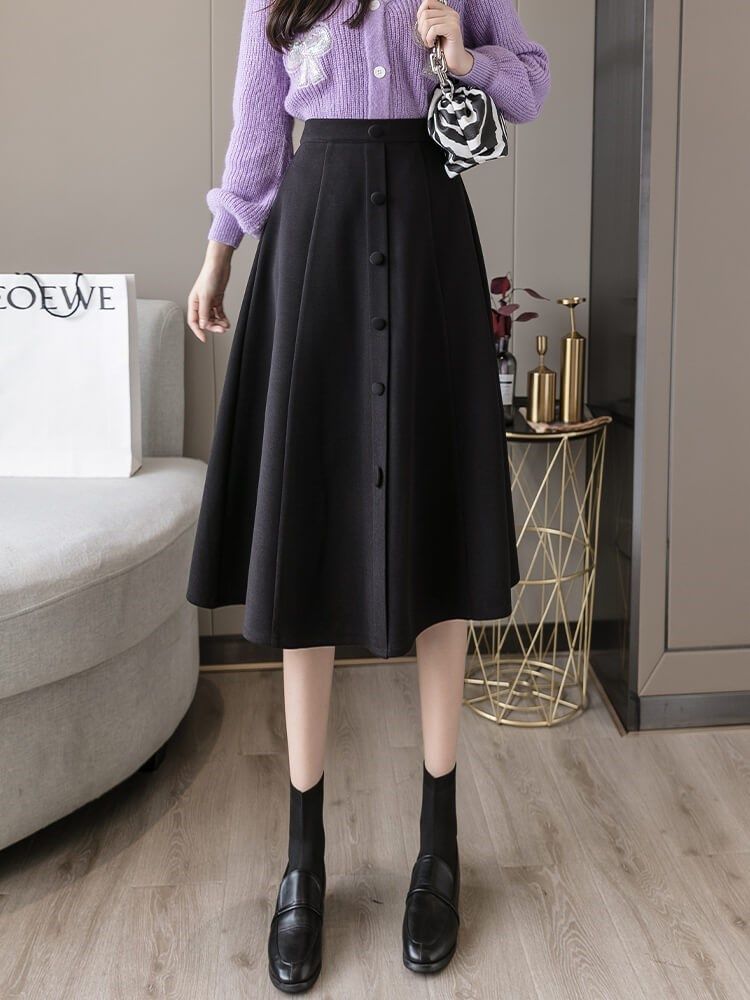 呢半身裙秋冬季女a字裙2020新款一步裙中长款高腰大摆伞裙长裙优惠券