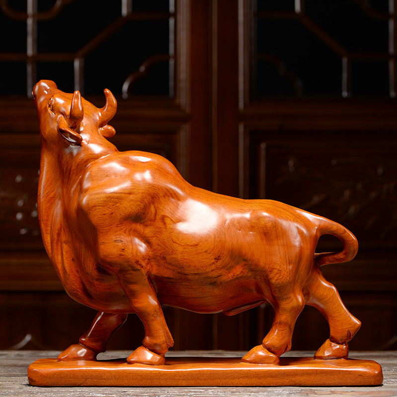 木雕摆件牛实木质雕刻动物生肖新居中式客厅书房公司开业工艺礼品