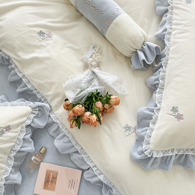 韩式小清新婴儿牛奶绒四件套冬季加厚双面珊瑚绒被套床单床上用品