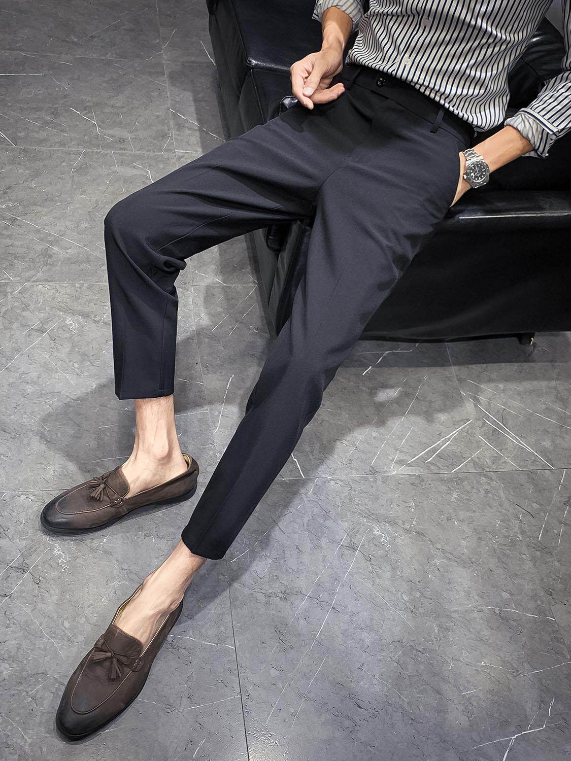 ins春秋坠感黑色九分裤子男韩版潮流宽松直筒休闲裤修身小脚西裤