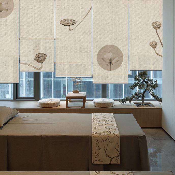 禅意亚麻新中式卷帘窗帘升降手拉吊帘电动隔断帘定制荷花素色帘子