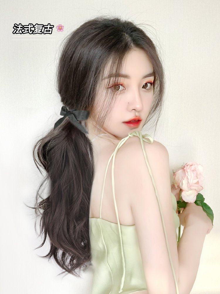 假发女夏马尾抓夹式高马尾仿真绑带式法式飘带微卷气质高辫子