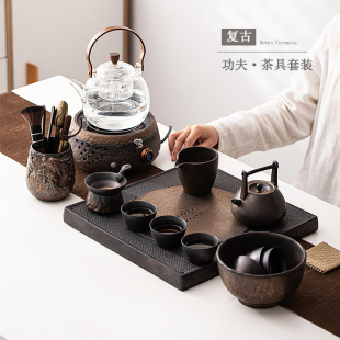 家用陶瓷功夫茶具套装复古客厅办公室粗陶茶盘茶壶茶杯泡茶器整套