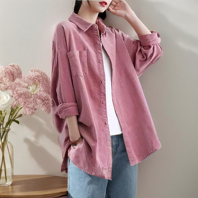 粉色灯芯绒长袖衬衫女2023秋季新款复古韩版外穿显瘦舒适休闲衬衣