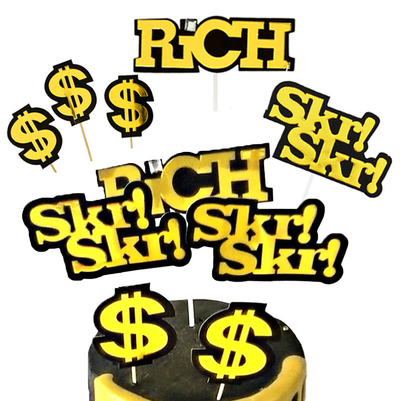 网红烫金蛋糕装饰网络语美金符号skr rich插件插牌层黑金有钱插卡