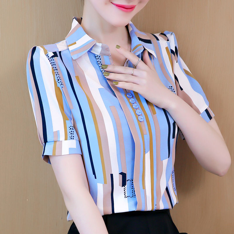 条纹雪纺衬衫女短袖2020新款女装夏季小衫韩版娃娃领宽松大码上衣|ruв категории Женская одежда, кружева свитер/шифон рубашка - от Buy2taobao.com для оказания профессиональной услуги покупки агента Taobao