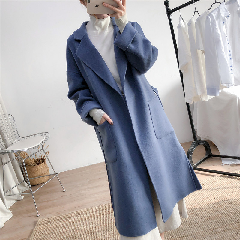 韩版百搭雾霾蓝色100%双面羊绒大衣女中长款侧开叉高端羊毛呢外套